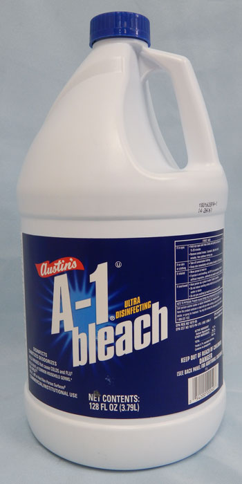 white jug with blue label - A-1 Bleach